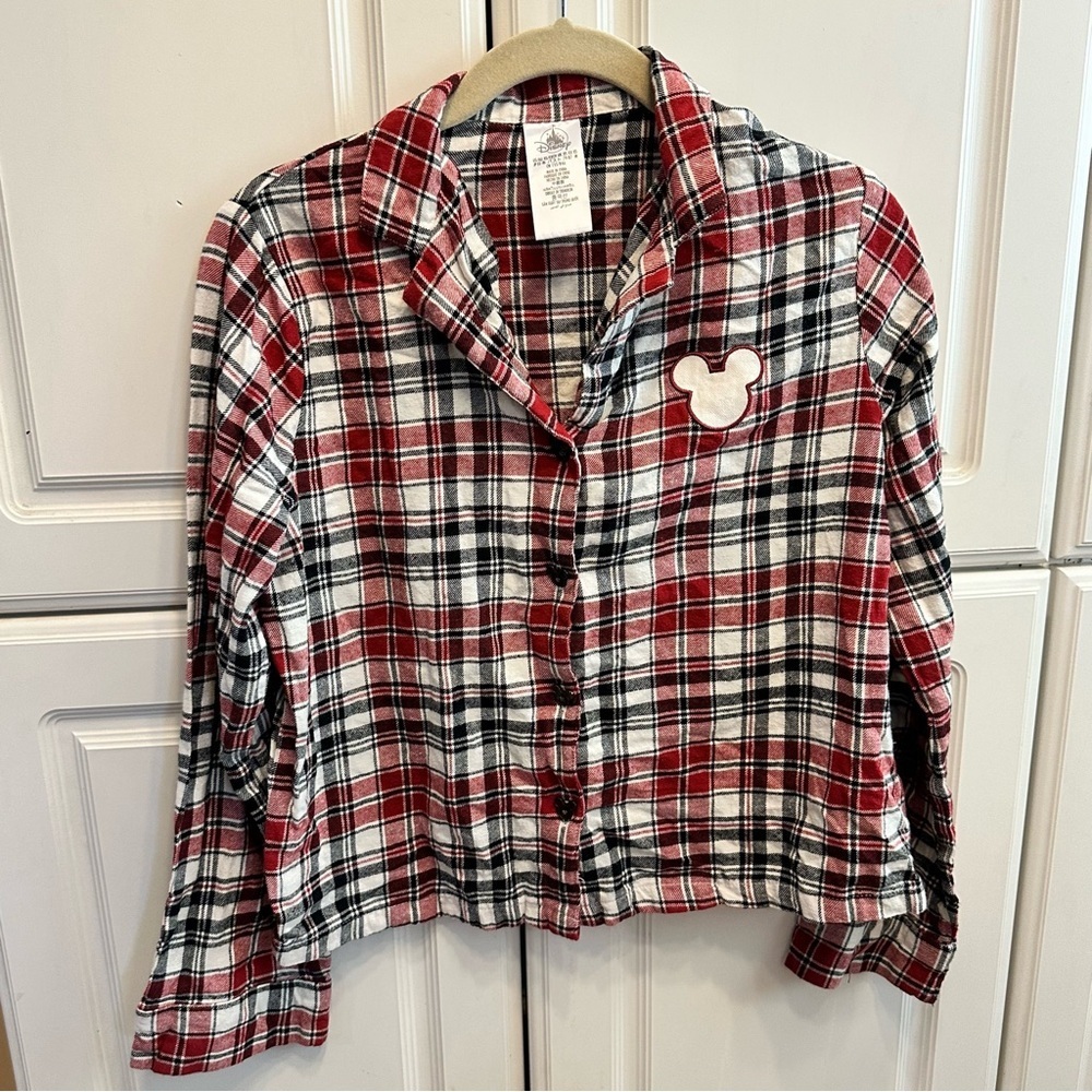 Disney Red, Black & White Plaid Cropped Flannel Shirt, Size: XS